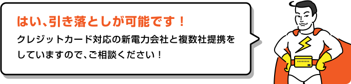 はい、引き落としが可能です!クレジットカード対応の新電力会社と複数社提携をしていますので、ご相談ください!